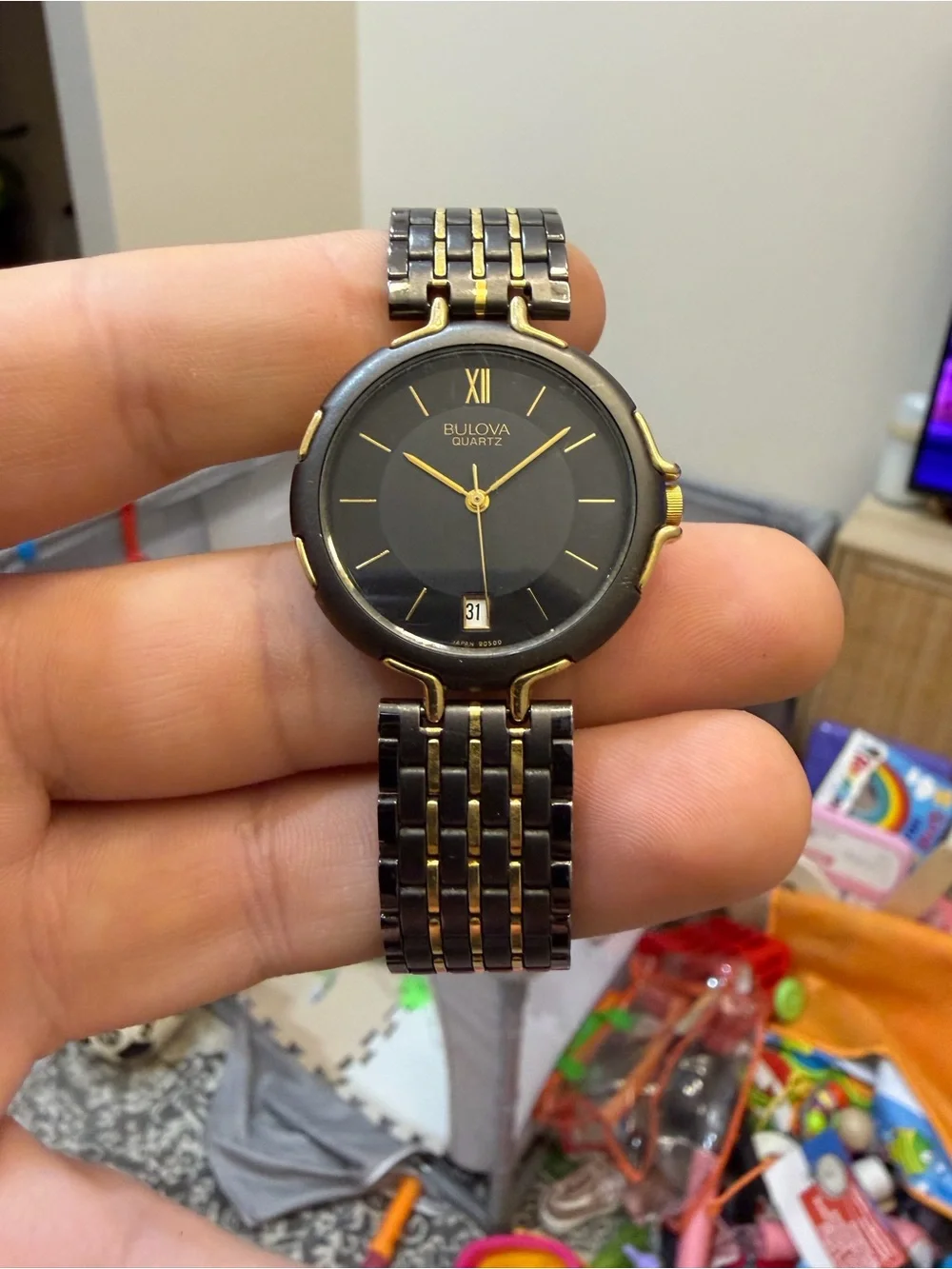 Vintage Bulova Women's Two-Tone Dress Watch Black Geometric Dial Date 60-10 32mm